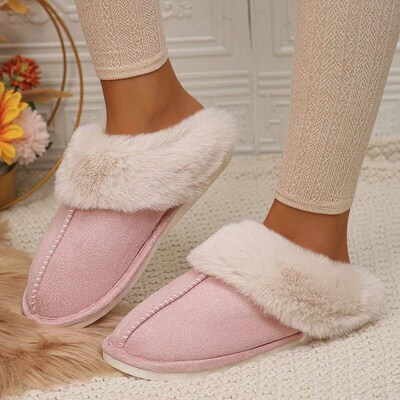 Closed Toe Warm Cotton Slippers Women Faux Fur Thicken Plush