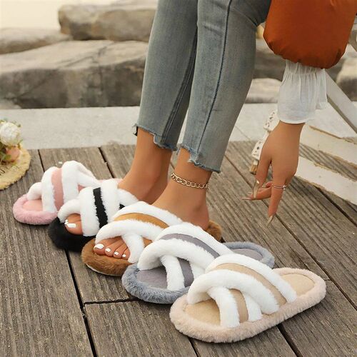 2025 New Furry Slippers Home Womens Fluffy Slides Autumn Wi
