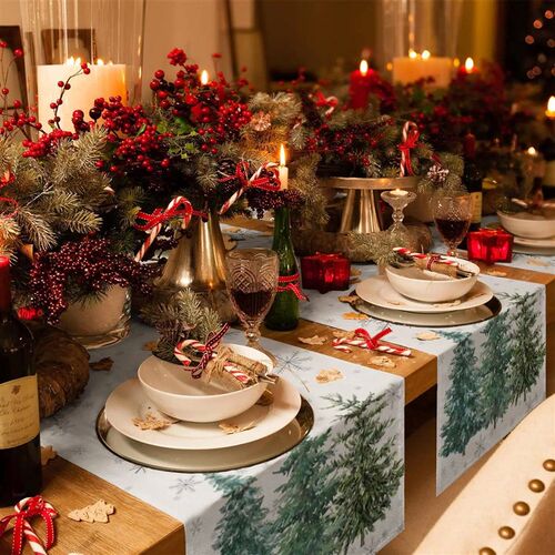 Christmas Green Pine Tree Linen Table Runners Dresser Scarve