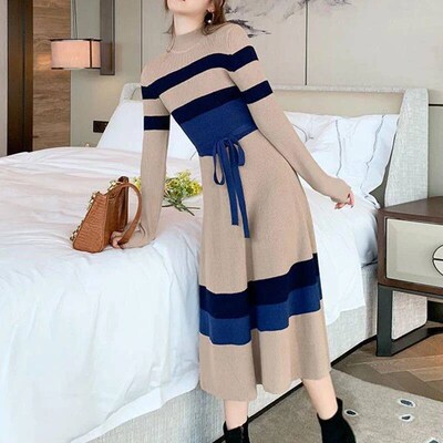 Elegant Fashion Striped Thicken Sweater Dresses Women 2023 A