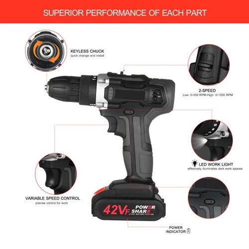 21V Cordless Electric Drill 2 Speed All Copper Cordless Powe