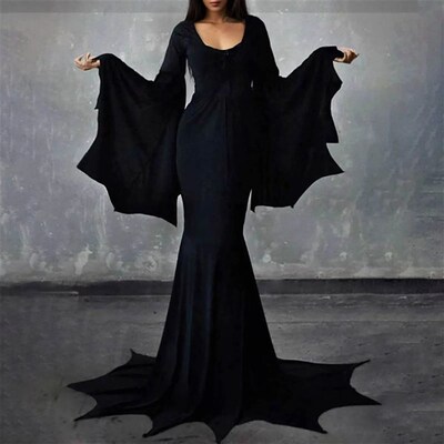 Witchy Costume Morticia Addams Wednesday Train Floor Dress W