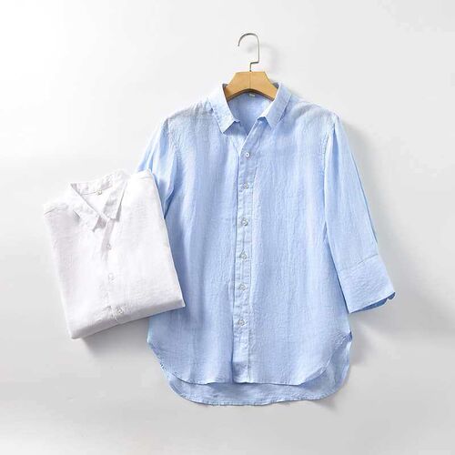 Summer New Linen Shirt Middle Sleeve Linen Shirt V-Neck Casu