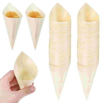 100 Pcs Veneer Roll Wood Tasting Cones Dessert Food Holders