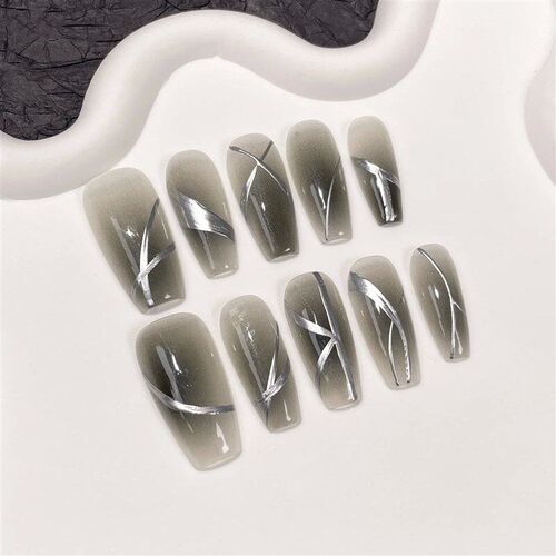 10Pcs Black Handmade Press On Nails Coffin Fake Nails Full C
