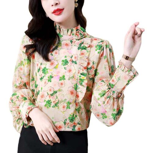 Apricot crepe de chine silk shirt womens long sleeve spring