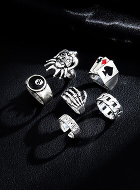 Sindlan 6Pcs Punk Poker Joker Silver Color Rings for Men Got
