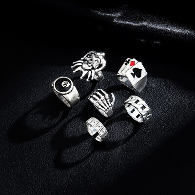 Sindlan 6Pcs Punk Poker Joker Silver Color Rings for Men Got
