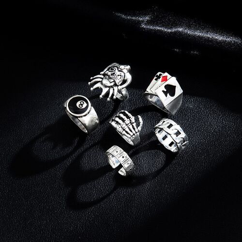 Sindlan 6Pcs Punk Poker Joker Silver Color Rings for Men Got