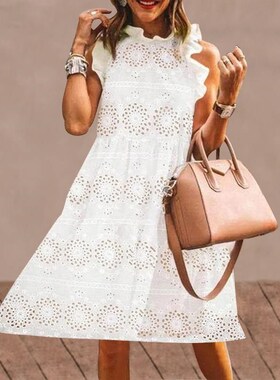 Lace Dress 2021 VONDA Summer Cotton Ruffled Neck Hollow Out