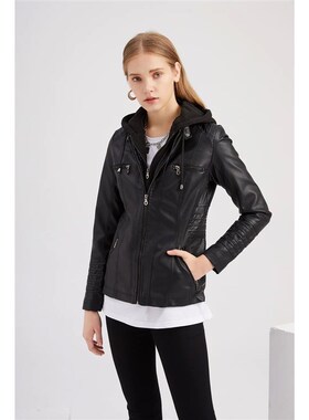 Faux Leather Jacket Women Motorcycle Coat for Biker with Rem