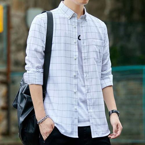 New Mens Long-sleeved Shirt Mens Plaid Striped Oxford Text
