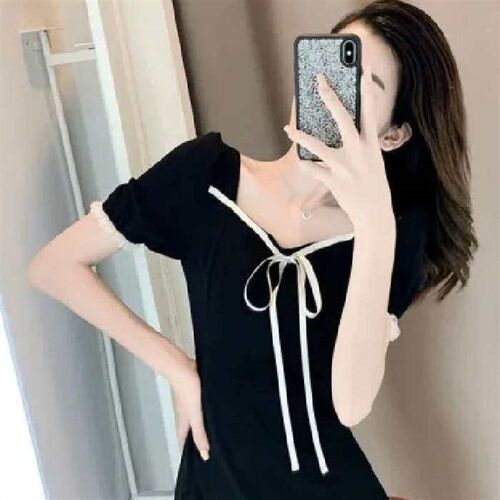 Puff Sleeve High Waist Slimming Hepburn Style Small Black Dr