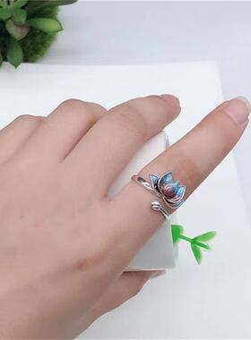 Vintage Silver Plated Blue Lotus Flower Rings For Men Women