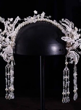 Bridal Tiara Double Pearl Sequin Lace and Crystal Fringed  o