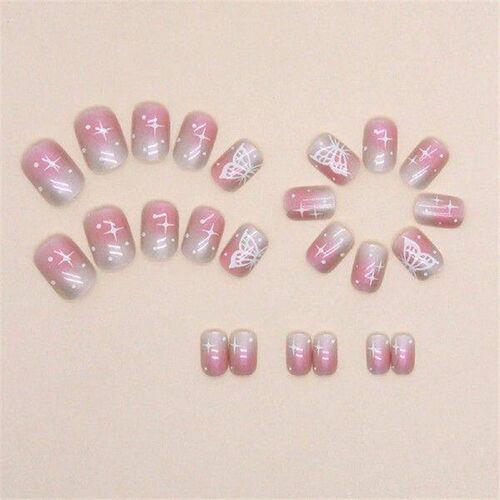Butterfly False Nail for Women Short Round Light Pink Sweet
