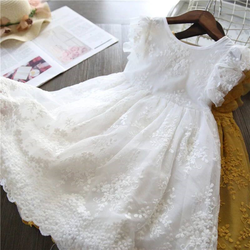 White Lace Summer Dress for Girls Short Sleeve Kids Birthday图片