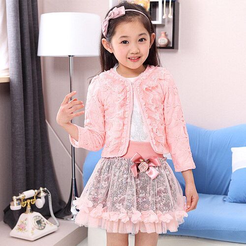 SpringAutumn Long Sleeve Lace 3Piece Girls MidChildrens Suit