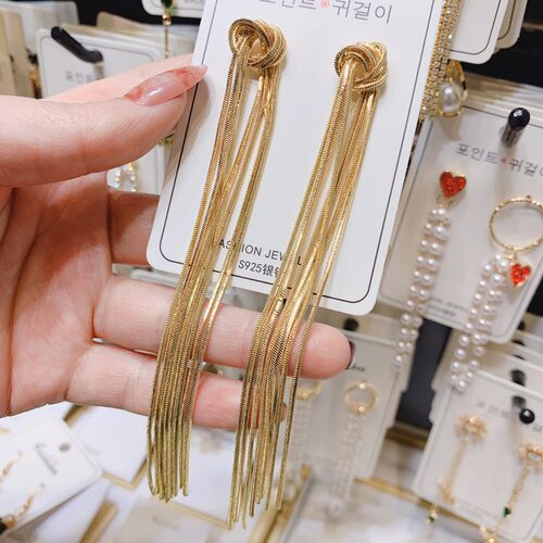 2021High-end luxury long metal tassel hanging earrings, gold