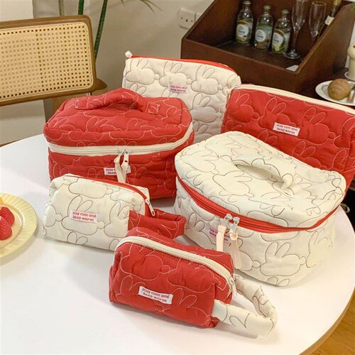 Cute Women Portable Rabbit Quilted Cotton Cosmetic Bag Handb