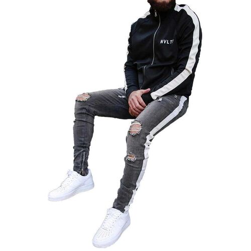 JX7005 Dark gray and white striped slim ripped mens jeans