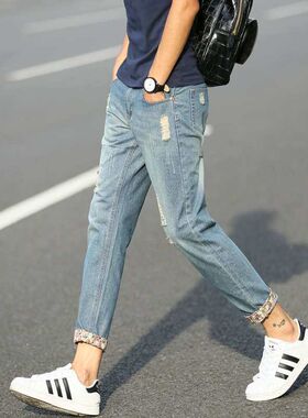 Mens Turn-up Denim Cropped Pants Spring and Summer Small Fo