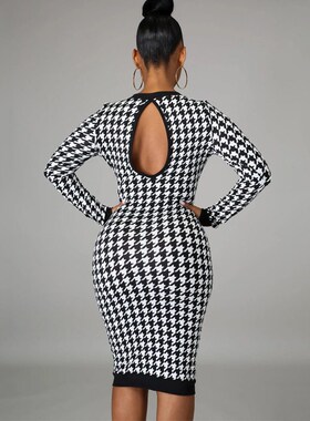 Houndstooth Print Women Long Sleeve Midi Dress Hollow Out Bo
