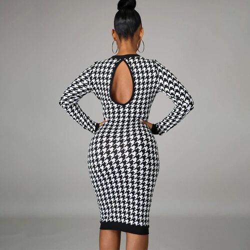 Houndstooth Print Women Long Sleeve Midi Dress Hollow Out Bo