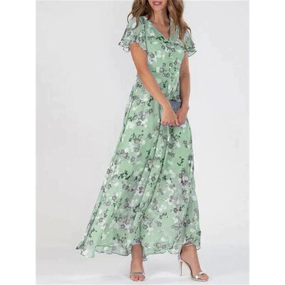 Women Elegant Ruffle Short Sleeve V Neck Pullover Dresses