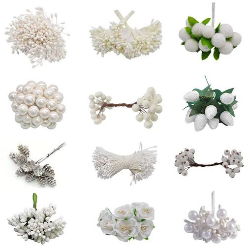 White Theme Artificial Flower Cherry Stamen Berries Bundle D