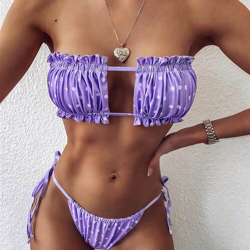Elegant Purple Swimwear Women Off Shoulder Pleat Bikini Holl