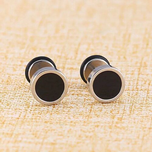 2pcs 16G Titanium Steel Mens Earings, Round Black Oil Drip