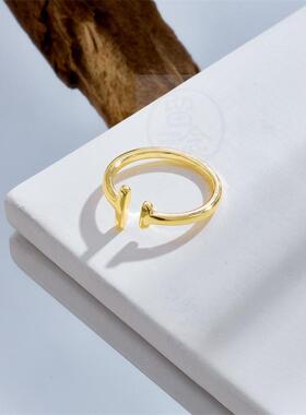 。Parallel bars ring womens copper electroplating real 14K