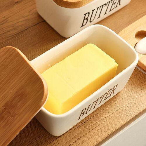Butter Box Sealing With Wood Lid Knife Food Dish Ceramic