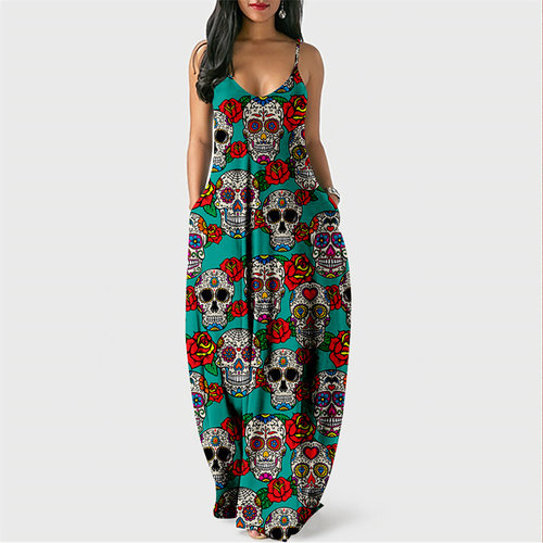 Summer New Women Dresses Long Beach Skirt Skull D Print