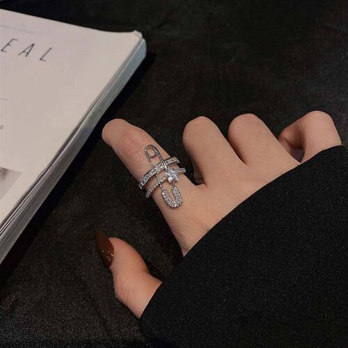 Creative Micro-Inlaid Zircon Safety Pin Ring Double Layer Op
