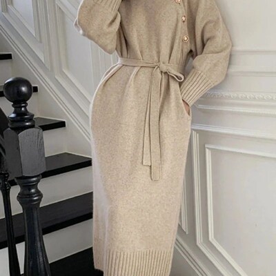 Vintage Turtleneck Buttons Long Sleeve Long Dresses Winter F