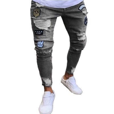 Badge Mens Jeans tend Knee Ripped Zipper Skinny Pants Rippe
