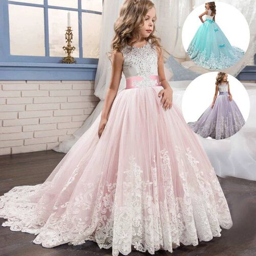 Girls Lace Long Prom Gowns Bridesmaid Kids Dresses For Girls