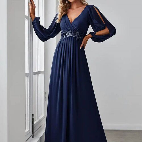 Elegant Evening Dresses Long A-LINE Long Sleeves V-neck Floo