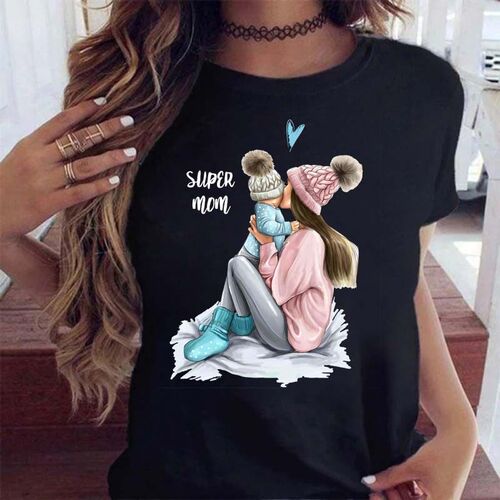 Women Short Sleeve Cartoon Love Cute Mama Mom Mother Fashion