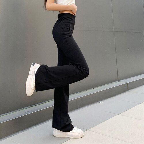 All-Match Women Fashion Elastic Waist Black Flared Pants Sol