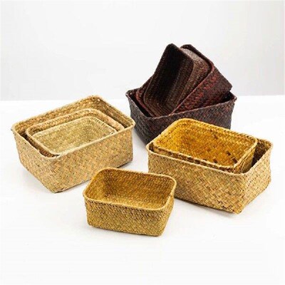 Straw Storage Boxes Rectangle Hand-woven Storage Baskets