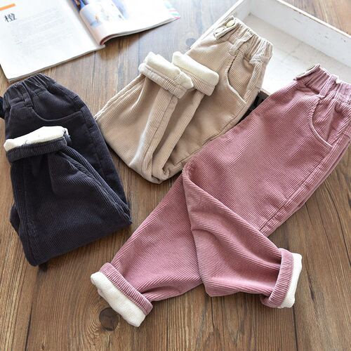 Girls Autumn Winter Pants 2023 New Corduroy Plush Warm Casu