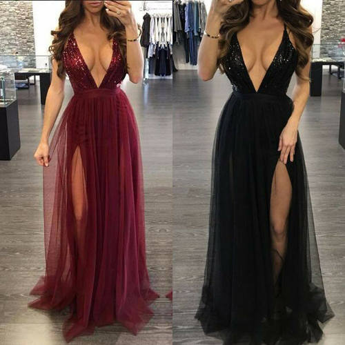 Womens Deep V Neck Sleeveless Elegant Formal Prom Long