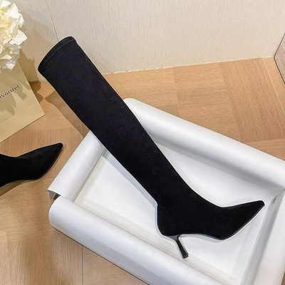 2025秋冬新款尖头细跟高跟长筒靴女显瘦弹力靴高筒绒面过膝瘦瘦靴