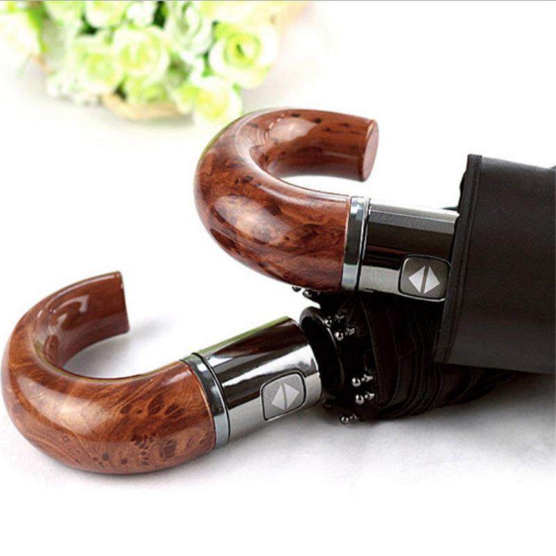 新款纯黑10骨商务伞木手柄自动晴雨伞弯柄广告伞纯色三折礼品伞