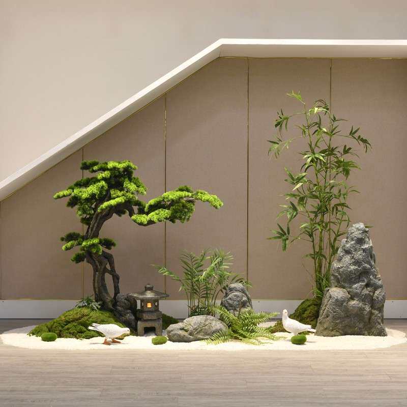 室内仿真绿植景观楼梯下造景新中式玄关橱窗假山石植物摆件装饰品