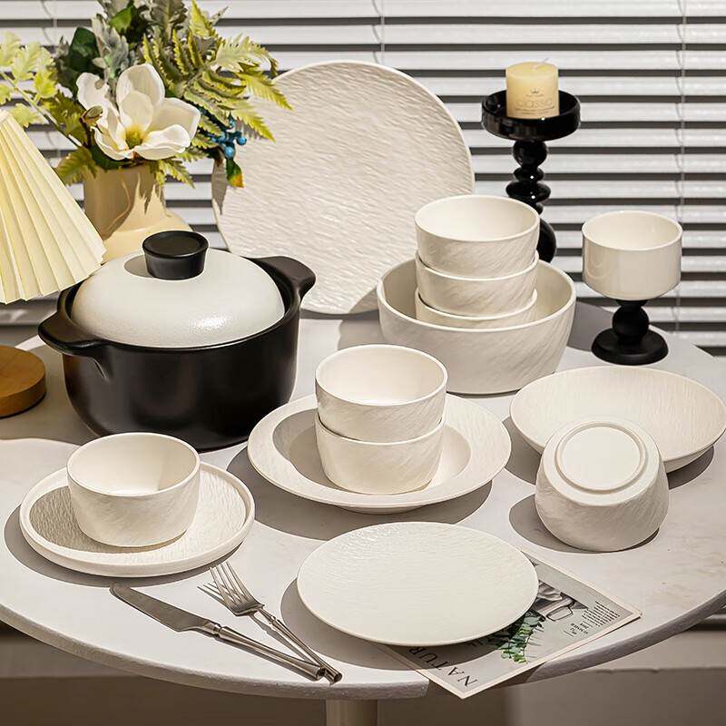 纯纹理碗碟套装家用纯白岩纹感子简约风陶瓷餐具白饭碗盘碗具高级