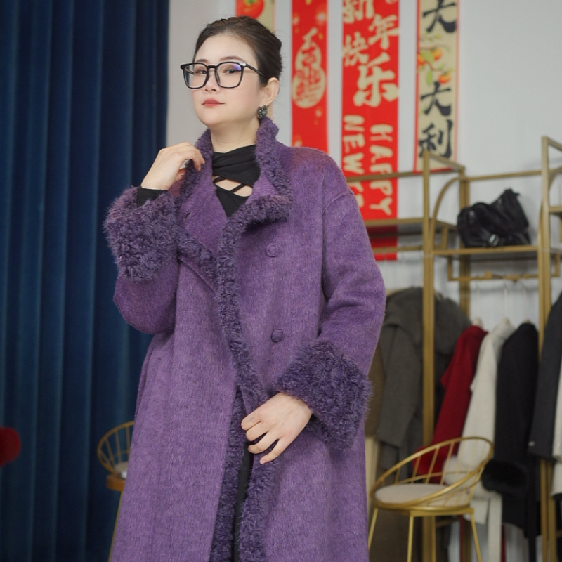【25820-2】苏力·长款袖口加羊羔毛领子门襟羊毛大衣